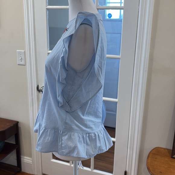 Zara Basics cotton Embroidered Blue Ruffle Sleeve Top. Size S - Picture 4 of 9